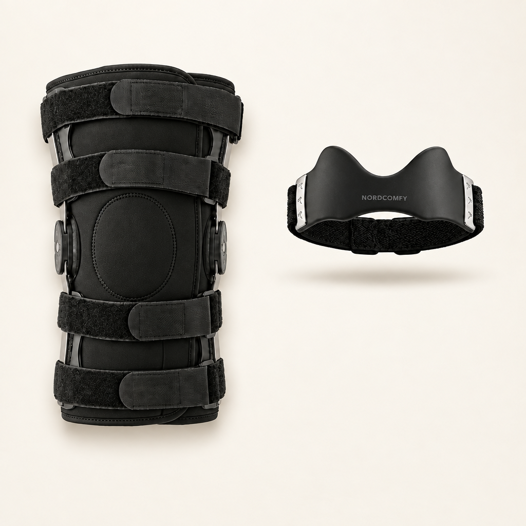 NordComfy Knebeskytter sammenlignet med en stor kneortose